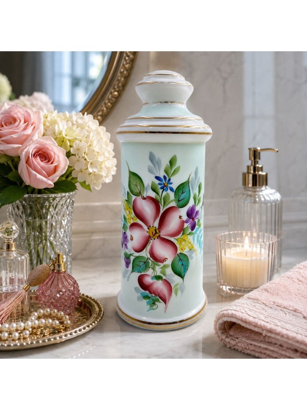 Opaline Hand Painted Flowers with Gold Trim Apothecary Jars with Lid